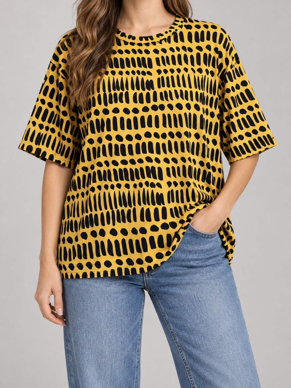 Nooworks Women's S Yellow Black Abstract Print Oversized T-Shirt USA Made